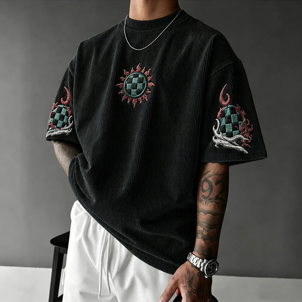 Unisex Anime-Style Retro Corduroy Oversized T-Shirt