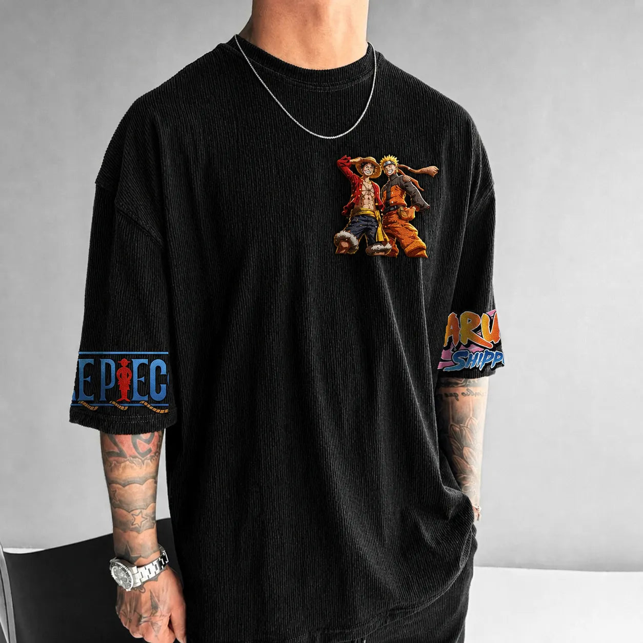 Unisex Oversized Anime-Print Vertical-Stripe Short-Sleeve T-Shirt