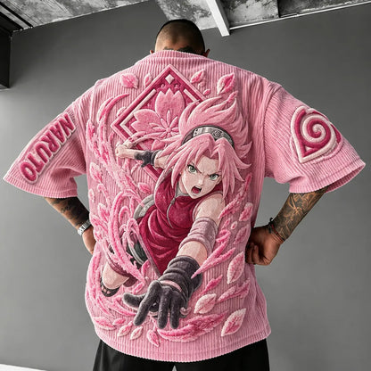 Unisex Anime-Style Retro Corduroy Oversized T-Shirt