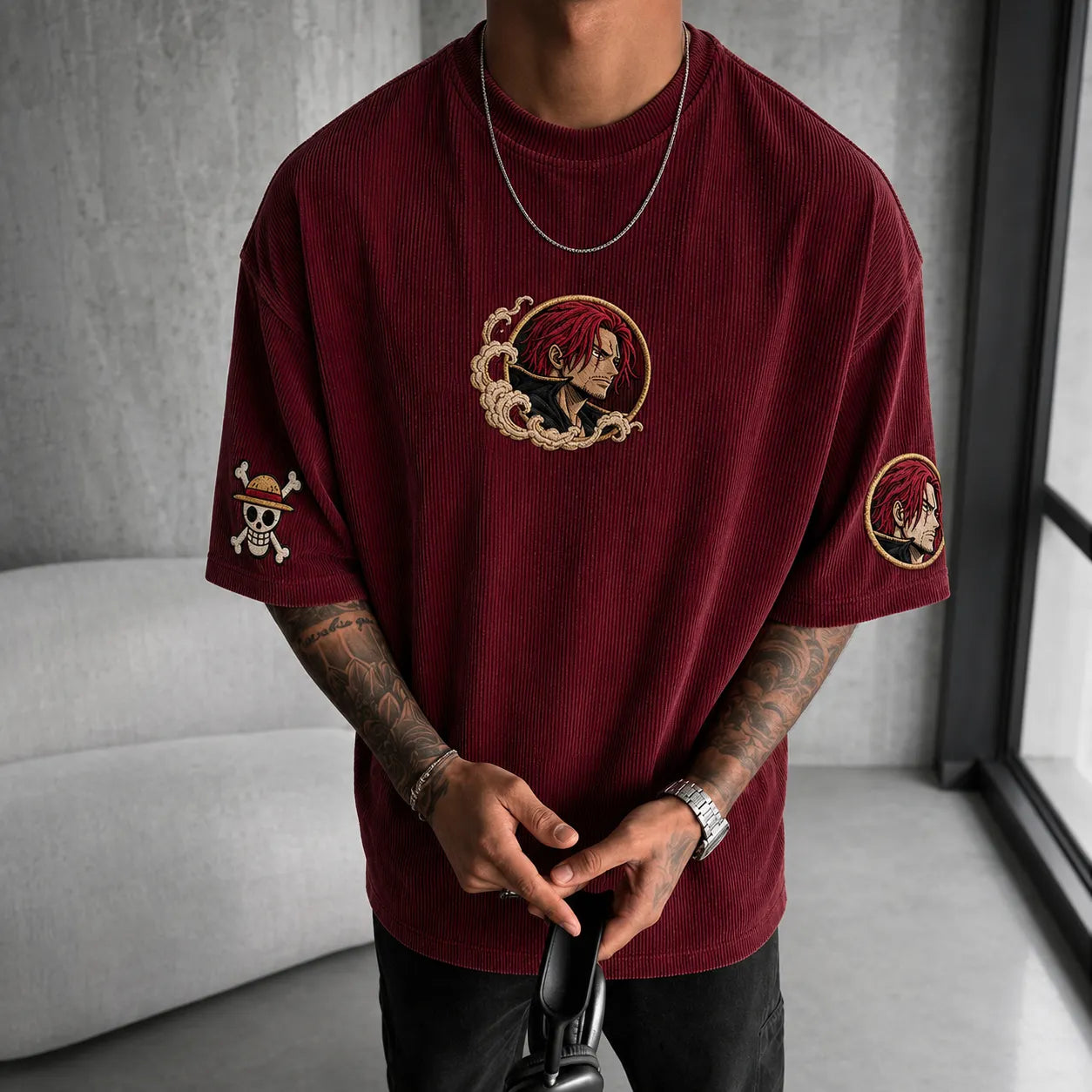 Unisex Anime-Style Retro Corduroy Oversized T-Shirt