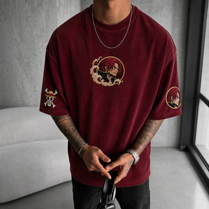 Unisex Anime-Style Retro Corduroy Oversized T-Shirt