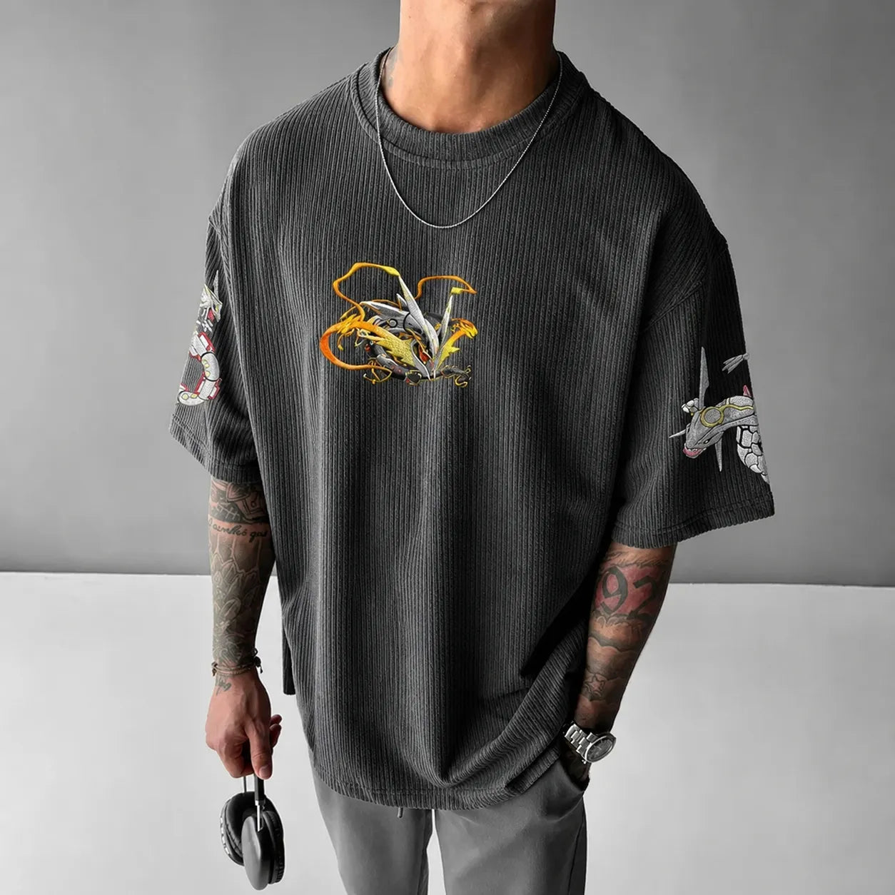 Unisex Anime-Style Retro Corduroy Oversized T-Shirt