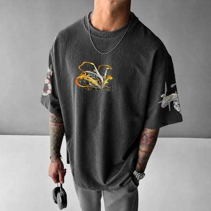 Unisex Anime-Style Retro Corduroy Oversized T-Shirt
