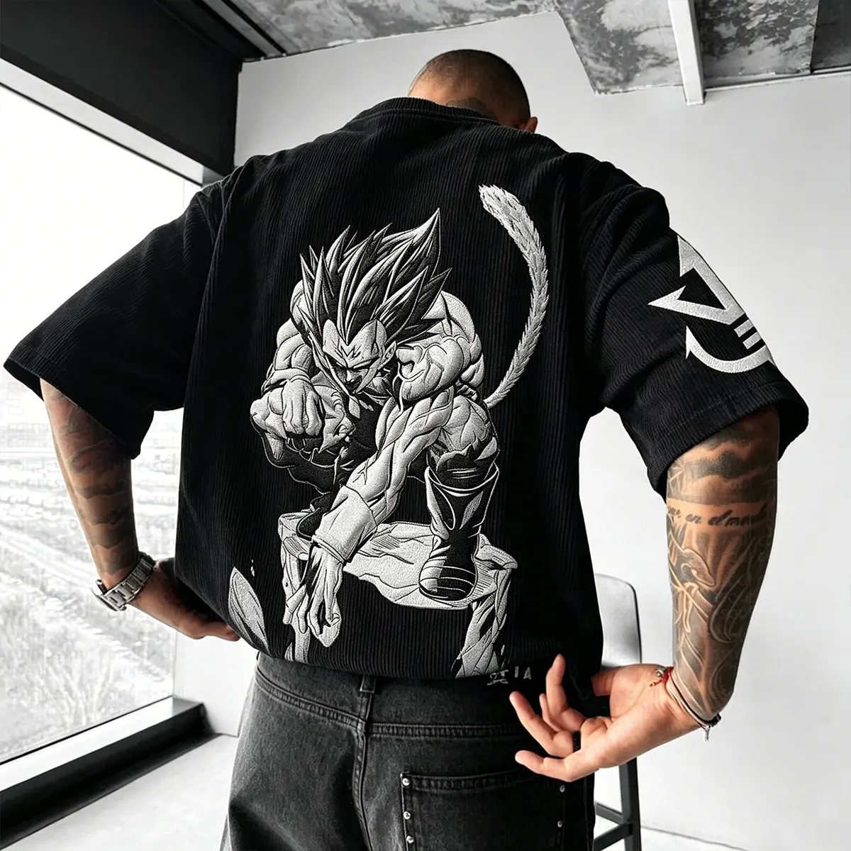Anime-Inspired Vintage Waffle Knit T-Shirt