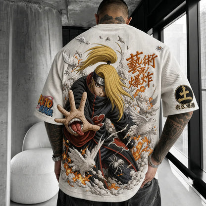 Unisex Oversized Anime-Print Vertical-Stripe Short-Sleeve T-Shirt
