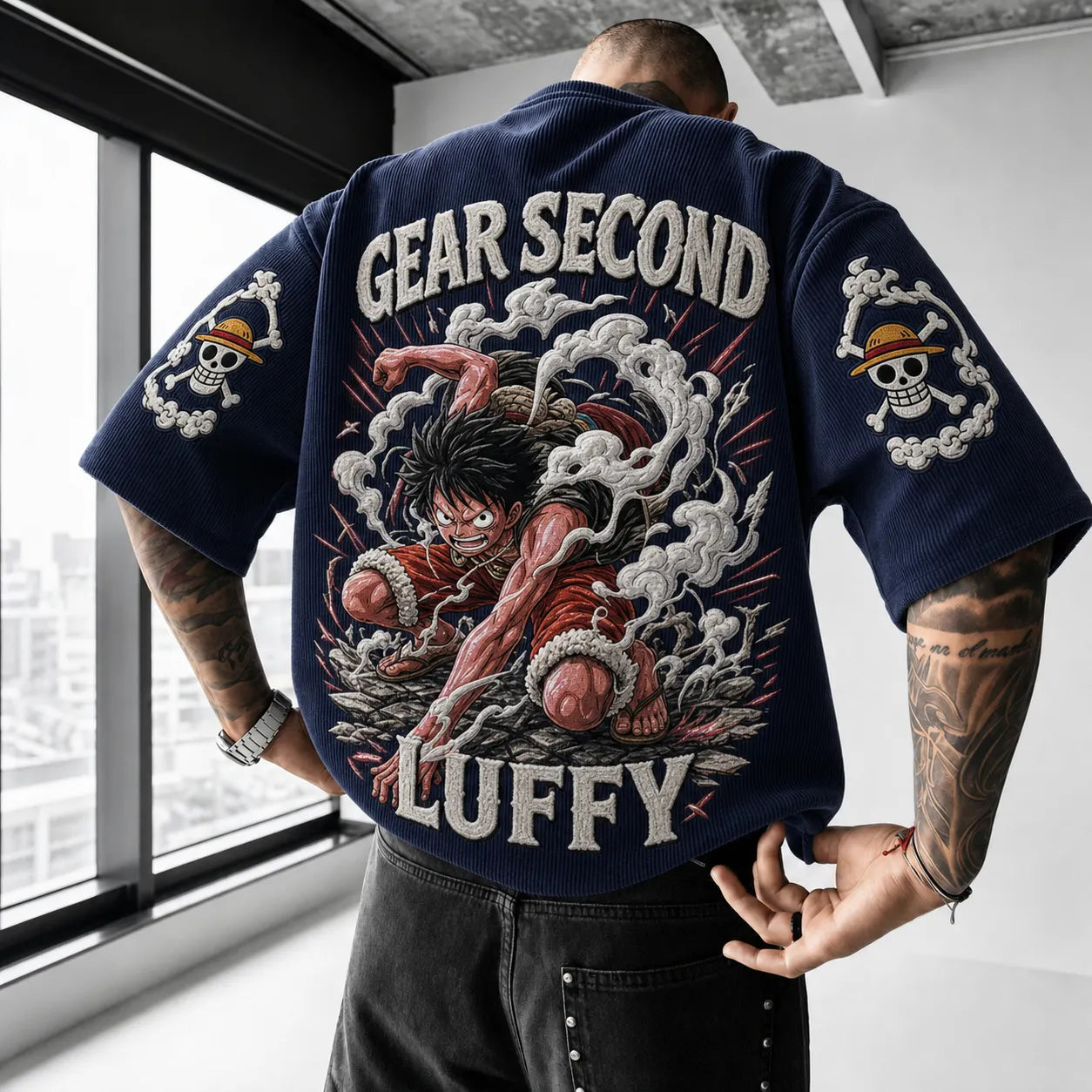 Premium Cotton-Blend Corduroy T-Shirt with Embroidered Patch – Oversized Graphic Tee for Casual Streetwear