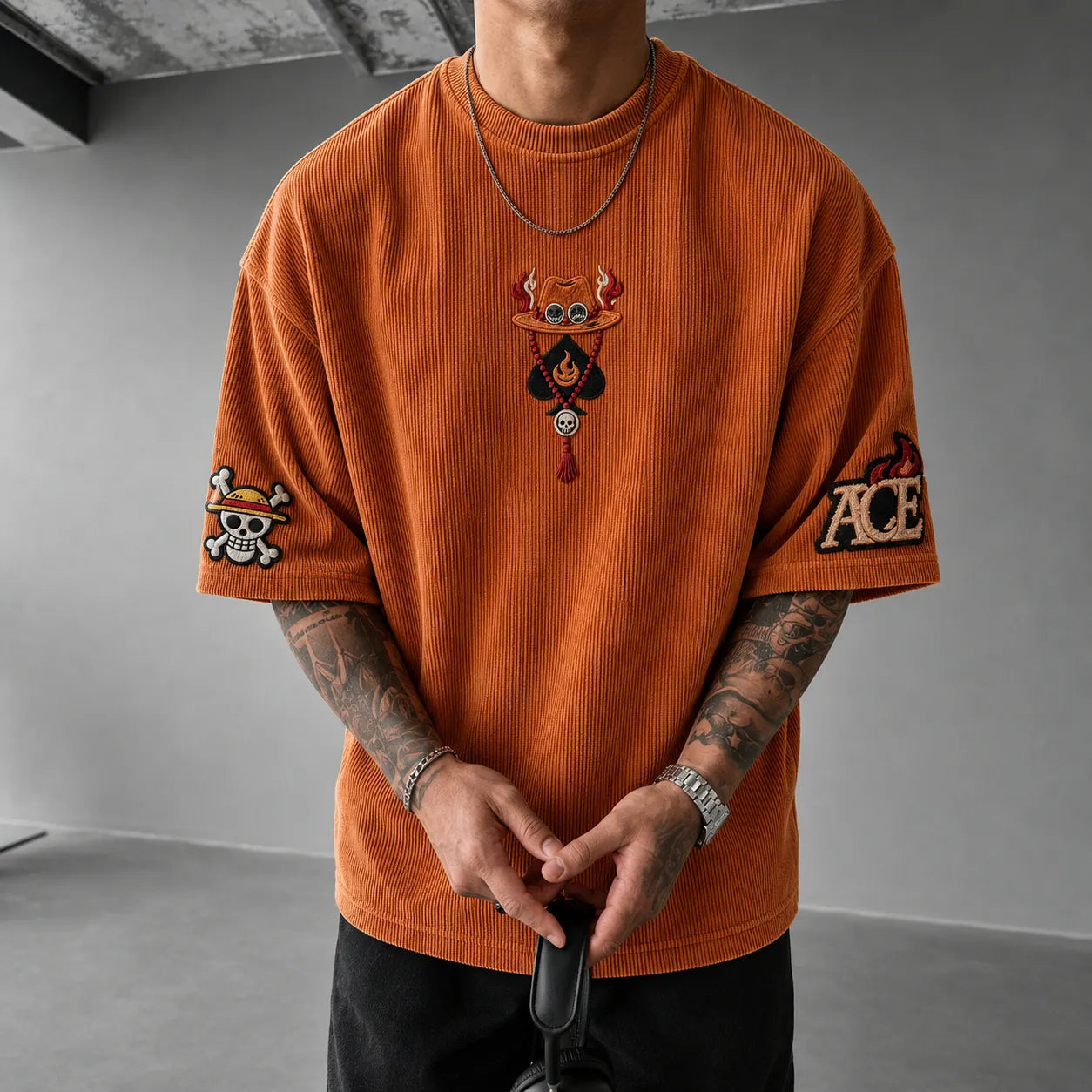Unisex Anime-Style Retro Corduroy Oversized T-Shirt