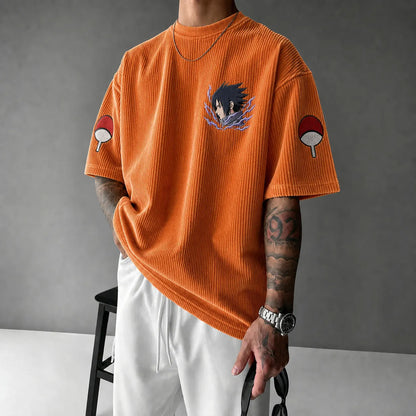 Unisex Oversized Anime-Print Vertical-Stripe Short-Sleeve T-Shirt