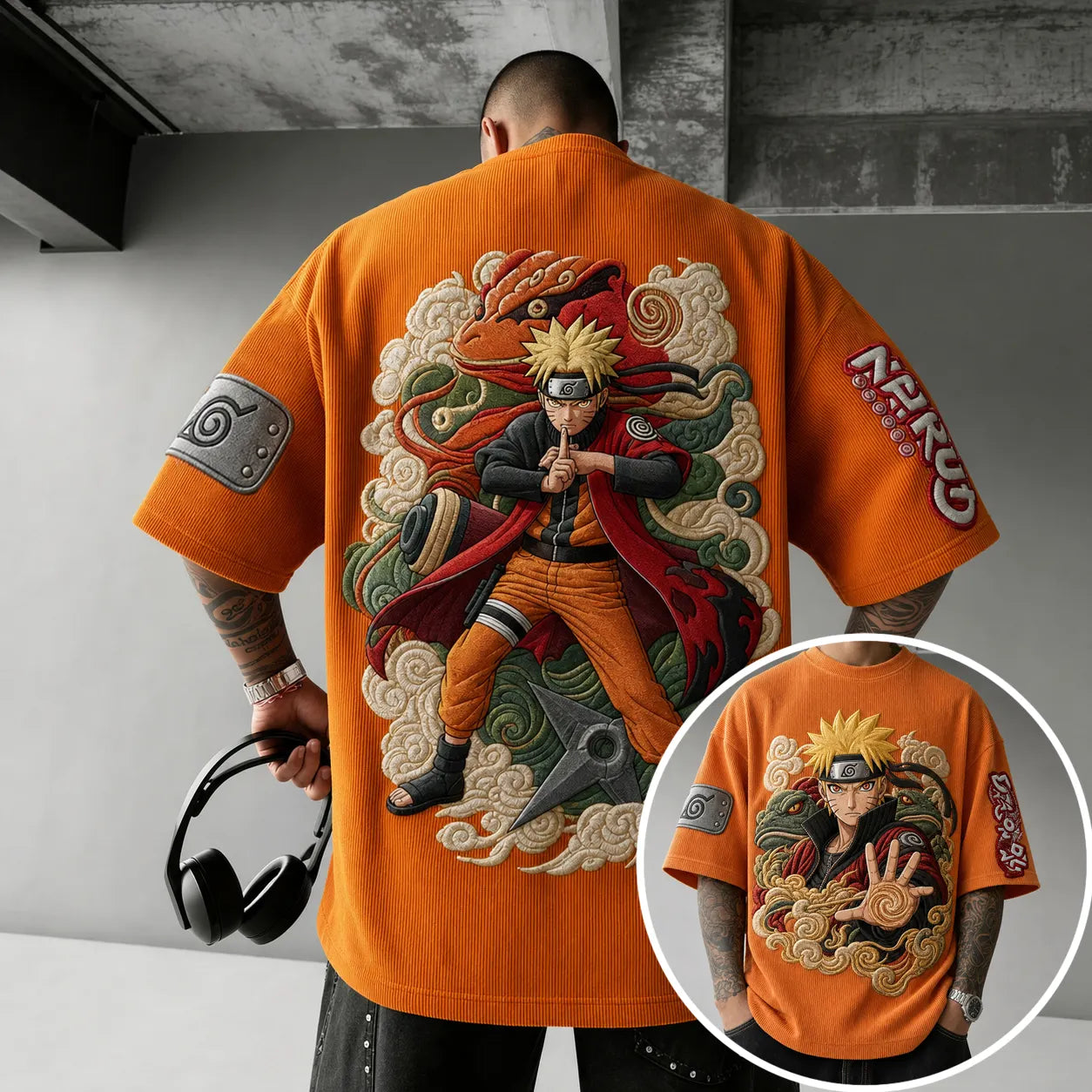 Unisex Oversized Anime-Print Vertical-Stripe Short-Sleeve T-Shirt