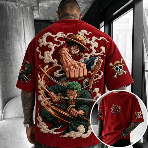 Red Corduroy Anime Graphic T-Shirt – Premium Cotton Blend, Oversized Fit with Embroidered Characters and Skull Logo
