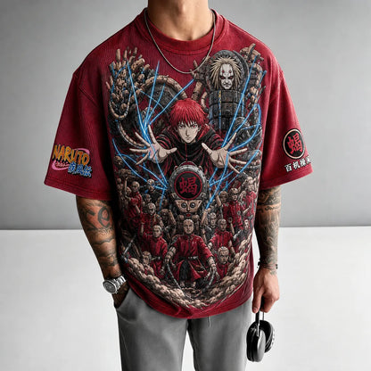 Unisex Oversized Anime-Print Vertical-Stripe Short-Sleeve T-Shirt
