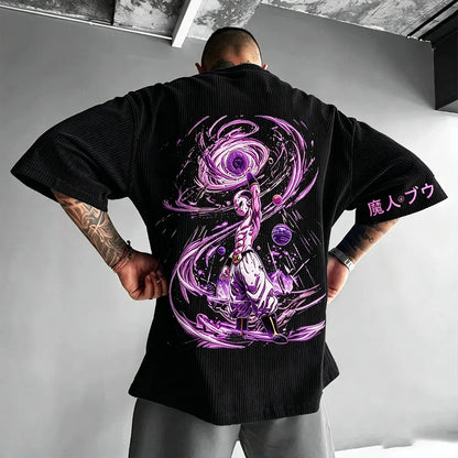 Anime-Inspired Vintage Waffle Knit T-Shirt