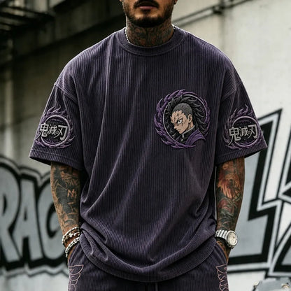Unisex Oversized Anime-Print Vertical-Stripe Short-Sleeve T-Shirt