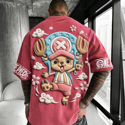 Unisex Anime-Style Retro Corduroy Oversized T-Shirt