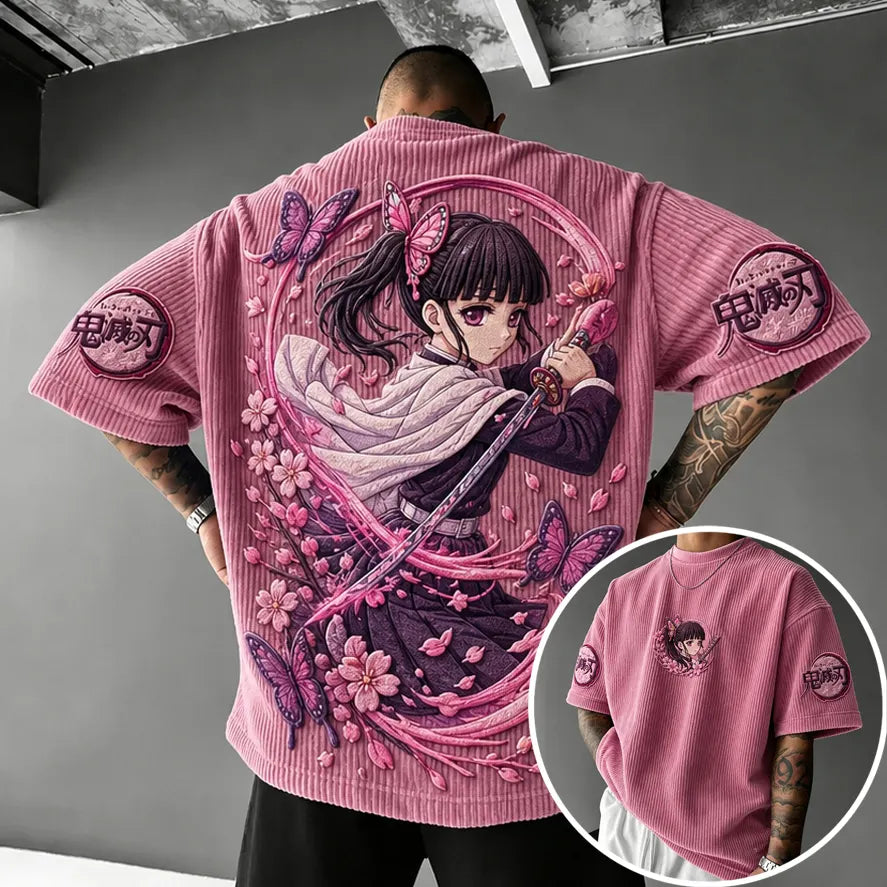 Unisex Oversized Anime-Print Vertical-Stripe Short-Sleeve T-Shirt