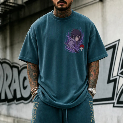 Unisex Oversized Anime-Print Vertical-Stripe Short-Sleeve T-Shirt