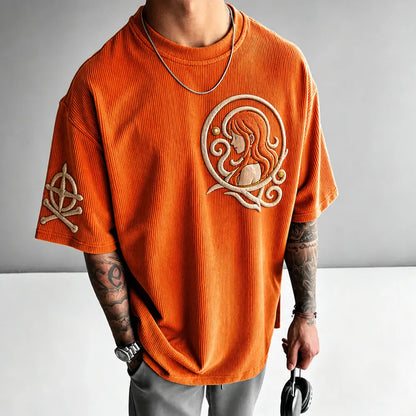 Unisex Anime-Style Retro Corduroy Oversized T-Shirt