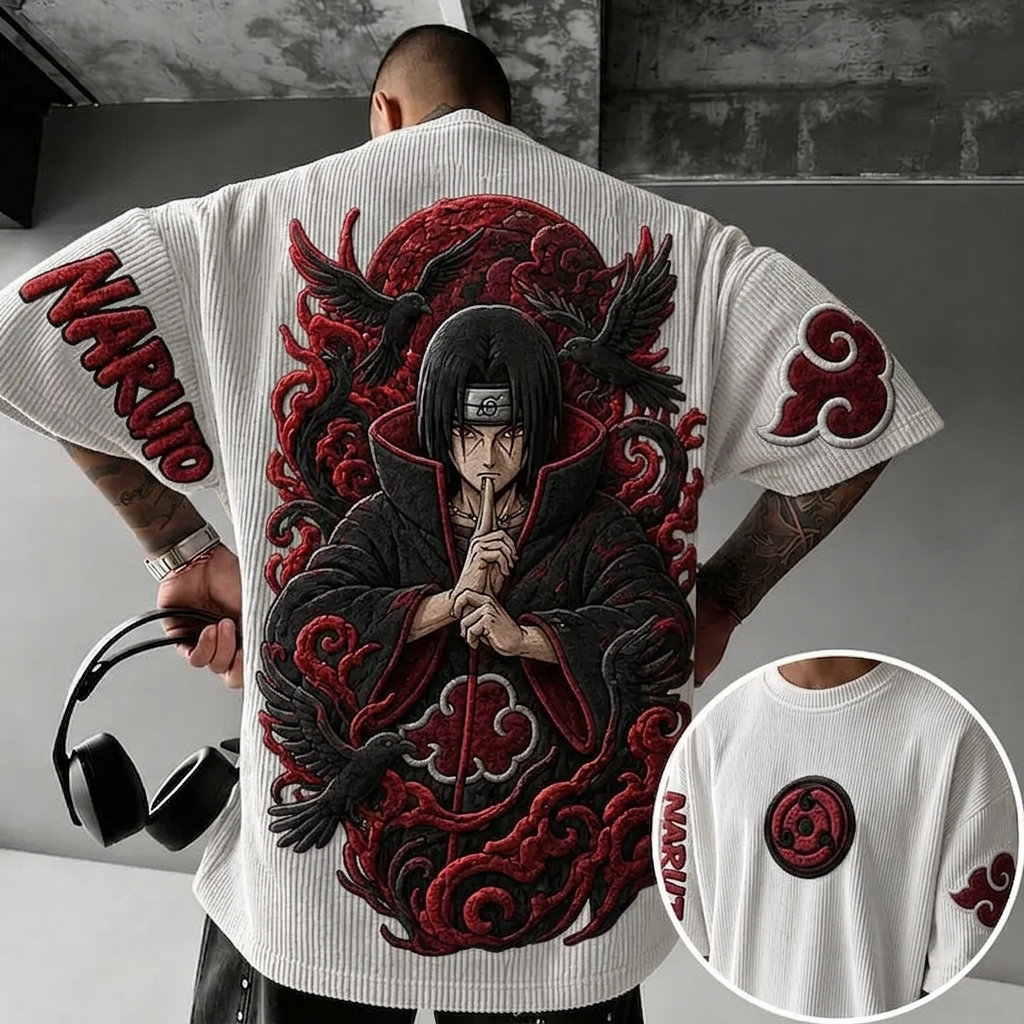 Unisex Anime-Style Retro Corduroy Oversized T-Shirt