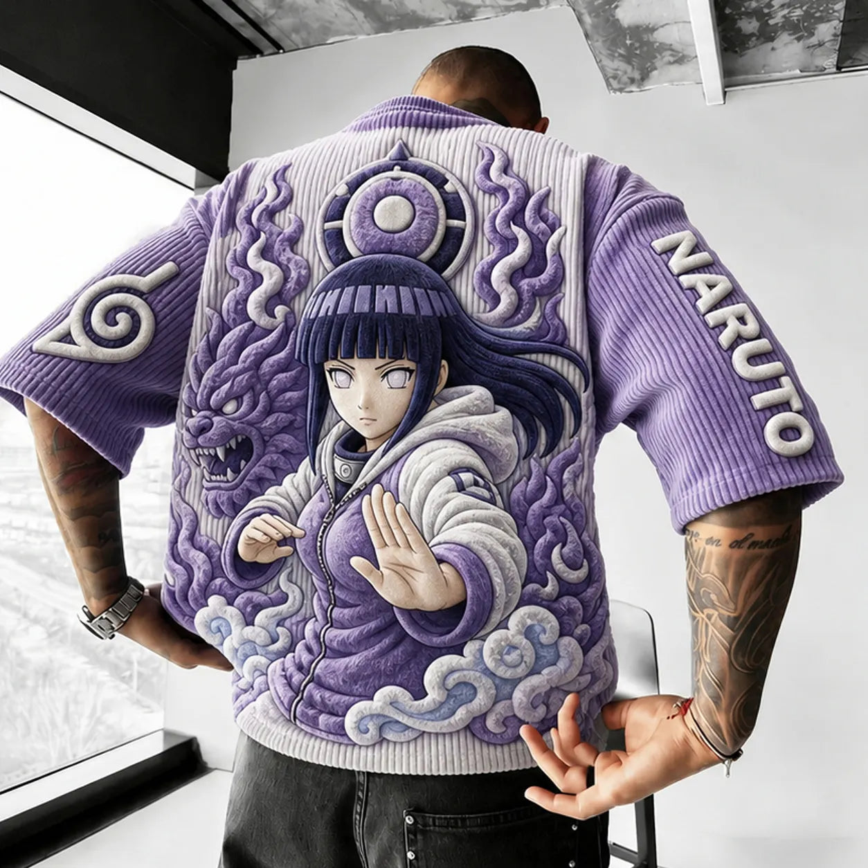 Hinata Hyuga Anime Graphic T-Shirt – Premium Cotton-Blend Ribbed Tee with Embroidered Sleeve Logo and Character Patch