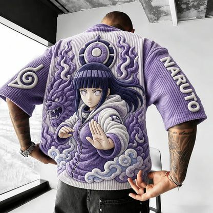 Hinata Hyuga Anime Graphic T-Shirt – Premium Cotton-Blend Ribbed Tee with Embroidered Sleeve Logo and Character Patch