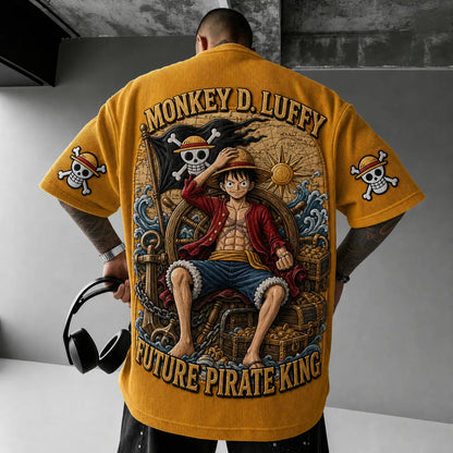 Premium Cotton-Blend Corduroy T-Shirt with Embroidered Patch – Oversized Graphic Tee for Casual Streetwear