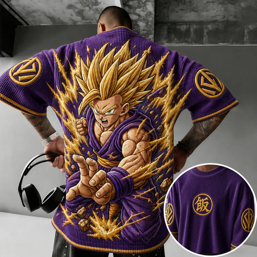Unisex Anime-Style Retro Corduroy Oversized T-Shirt
