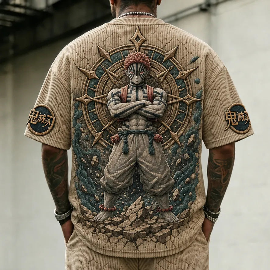 Unisex Oversized Anime-Print Vertical-Stripe Short-Sleeve T-Shirt