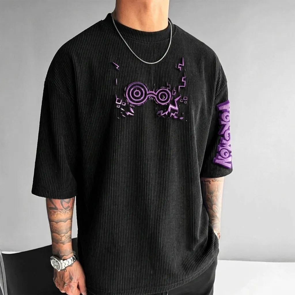 Unisex Anime-Style Retro Corduroy Oversized T-Shirt