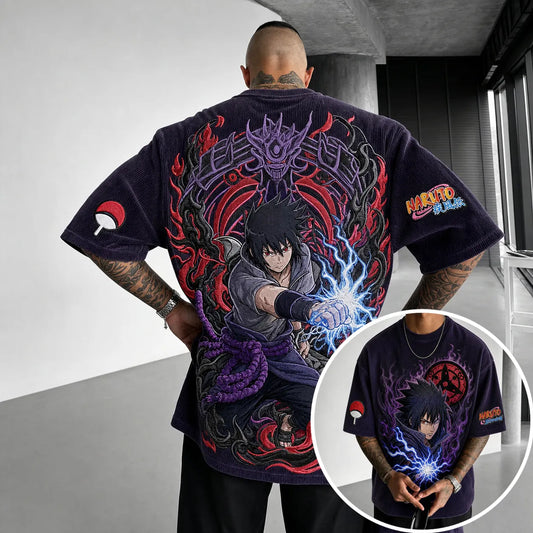 Unisex Oversized Anime-Print Vertical-Stripe Short-Sleeve T-Shirt
