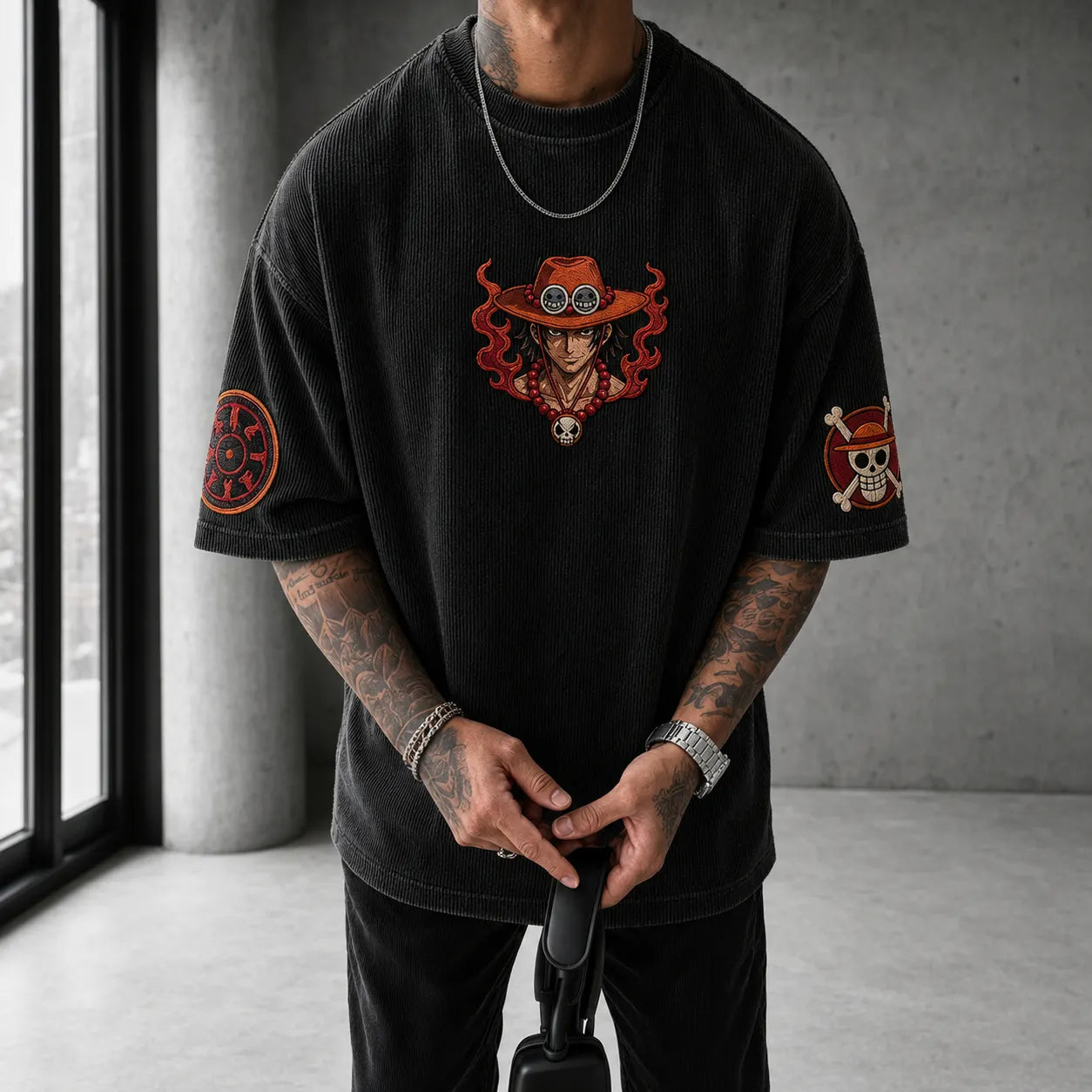 Unisex Anime-Style Retro Corduroy Oversized T-Shirt