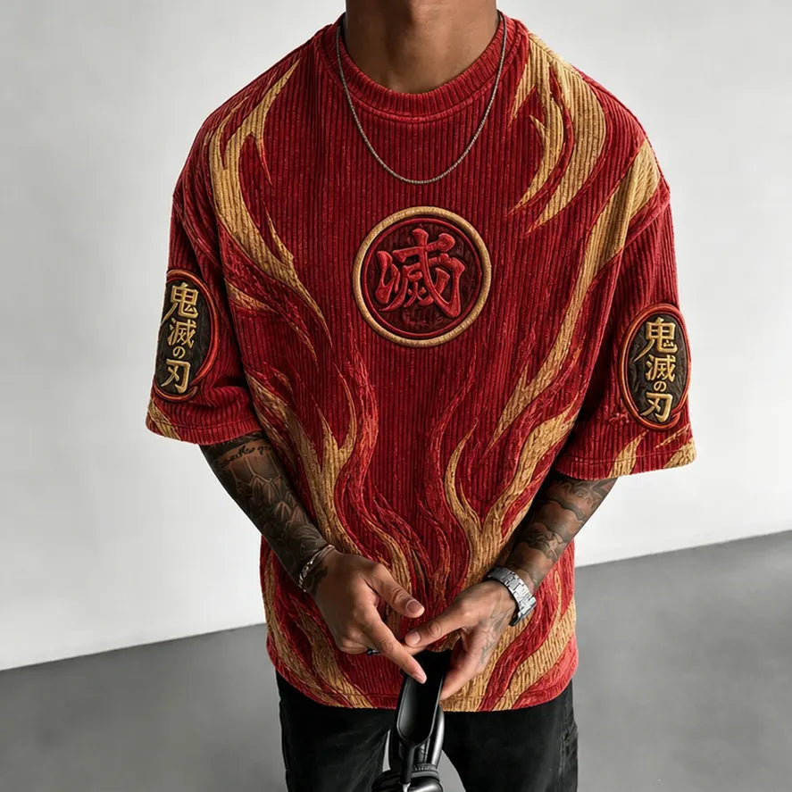 Unisex Oversized Anime-Print Vertical-Stripe Short-Sleeve T-Shirt