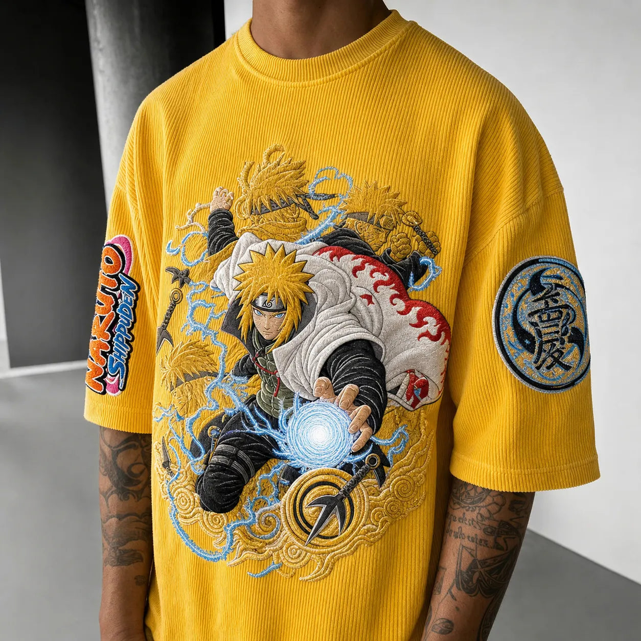 Unisex Oversized Anime-Print Vertical-Stripe Short-Sleeve T-Shirt