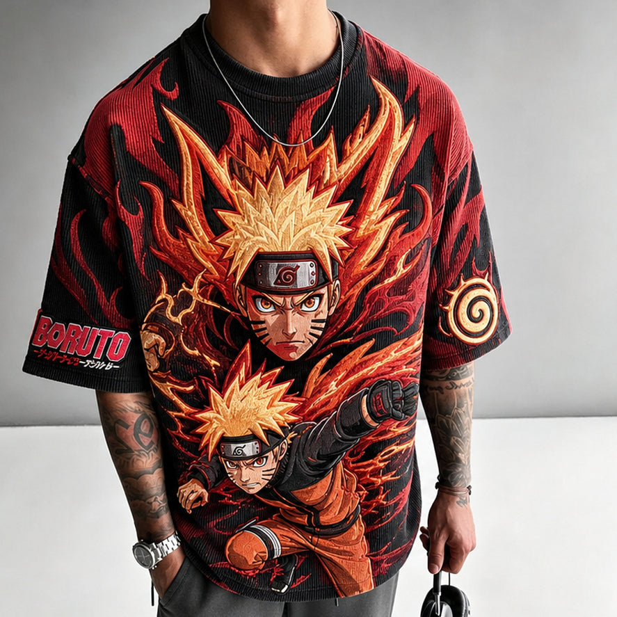 Unisex Oversized Anime-Print Vertical-Stripe Short-Sleeve T-Shirt