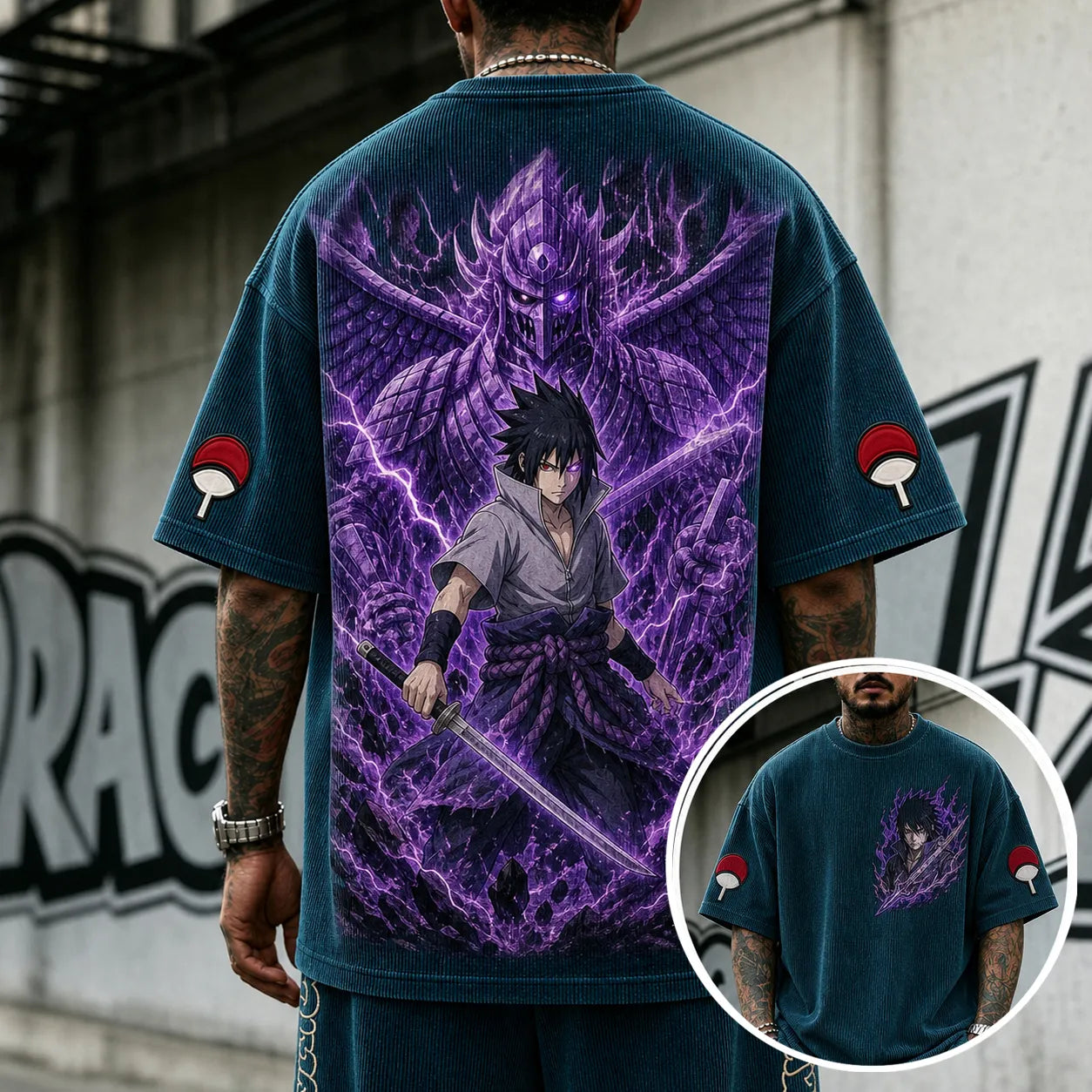Unisex Oversized Anime-Print Vertical-Stripe Short-Sleeve T-Shirt