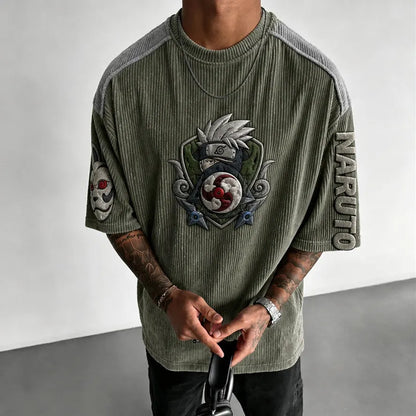 Unisex Oversized Anime-Print Vertical-Stripe Short-Sleeve T-Shirt