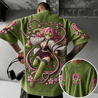 Unisex Anime-Style Retro Corduroy Oversized T-Shirt