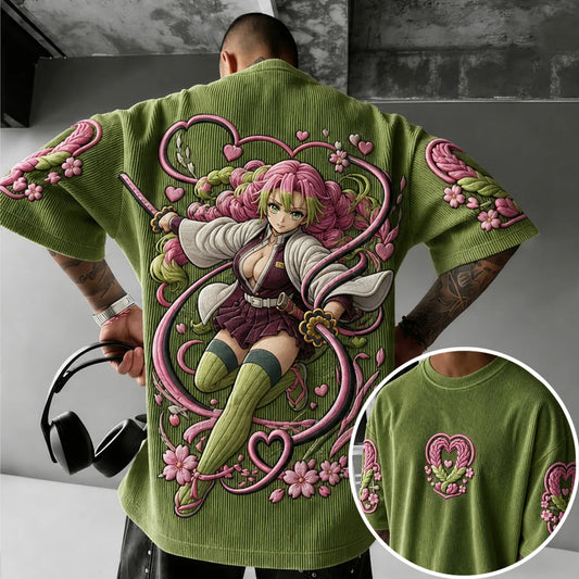 Unisex Anime-Style Retro Corduroy Oversized T-Shirt