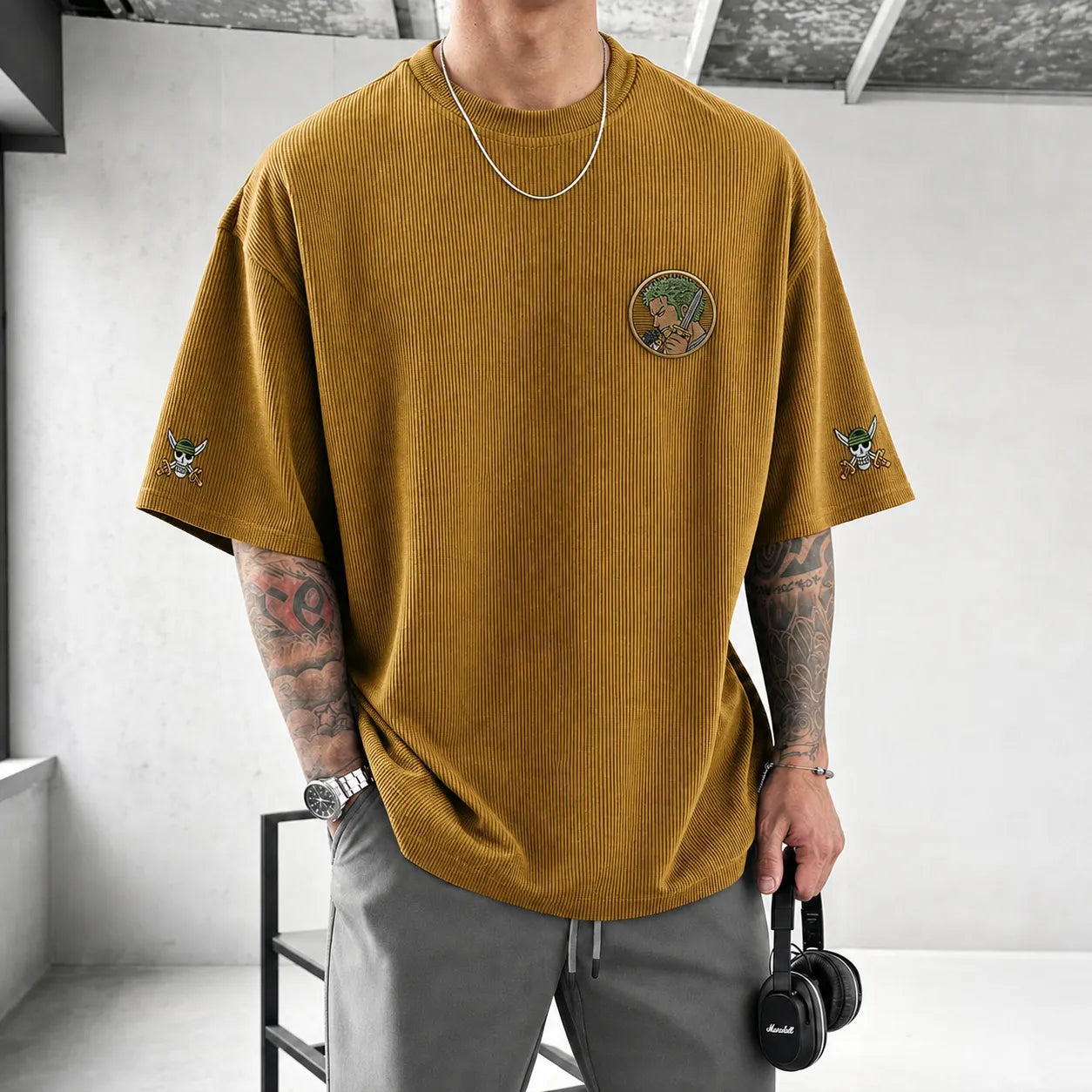 Unisex Oversized Anime-Print Vertical-Stripe Short-Sleeve T-Shirt