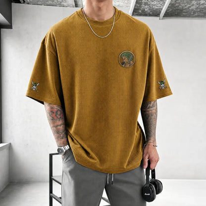 Unisex Oversized Anime-Print Vertical-Stripe Short-Sleeve T-Shirt