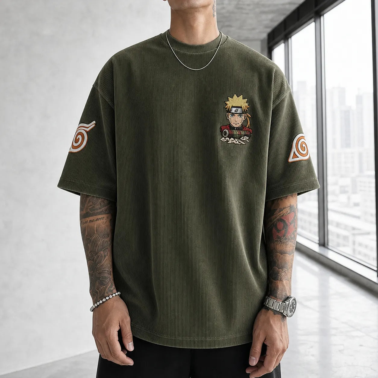 Unisex Oversized Anime-Print Vertical-Stripe Short-Sleeve T-Shirt