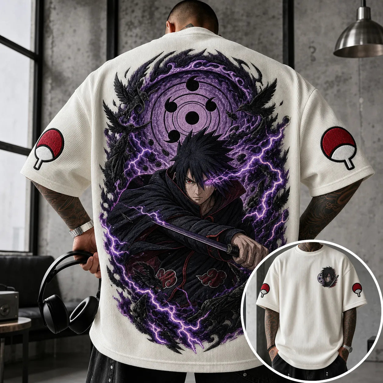 Unisex Oversized Anime-Print Vertical-Stripe Short-Sleeve T-Shirt