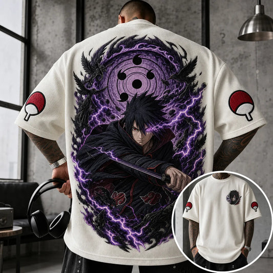 Unisex Oversized T-Shirt mit Anime-Print und vertikalen Streifen, Kurzarm