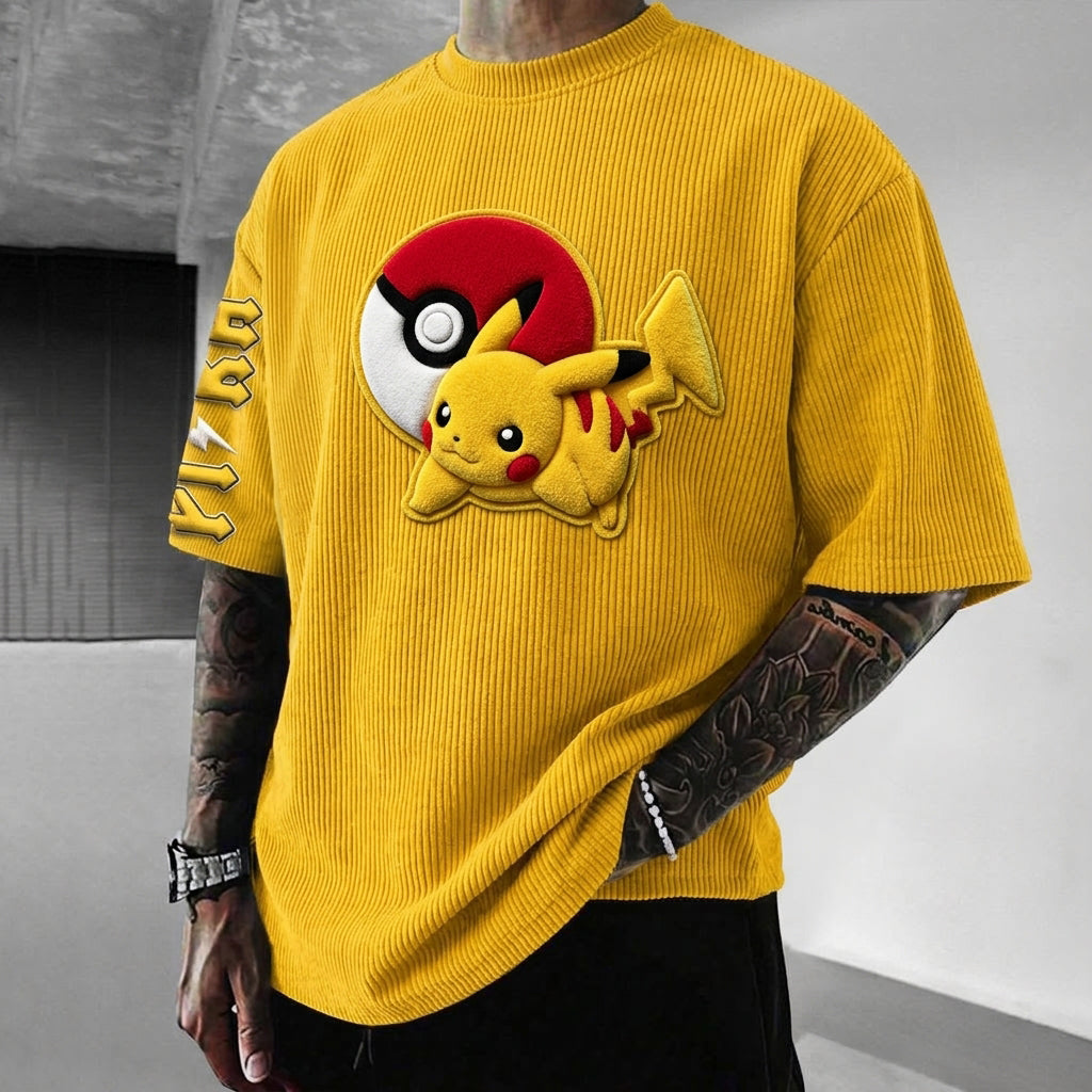 Unisex Anime-Style Retro Corduroy Oversized T-Shirt