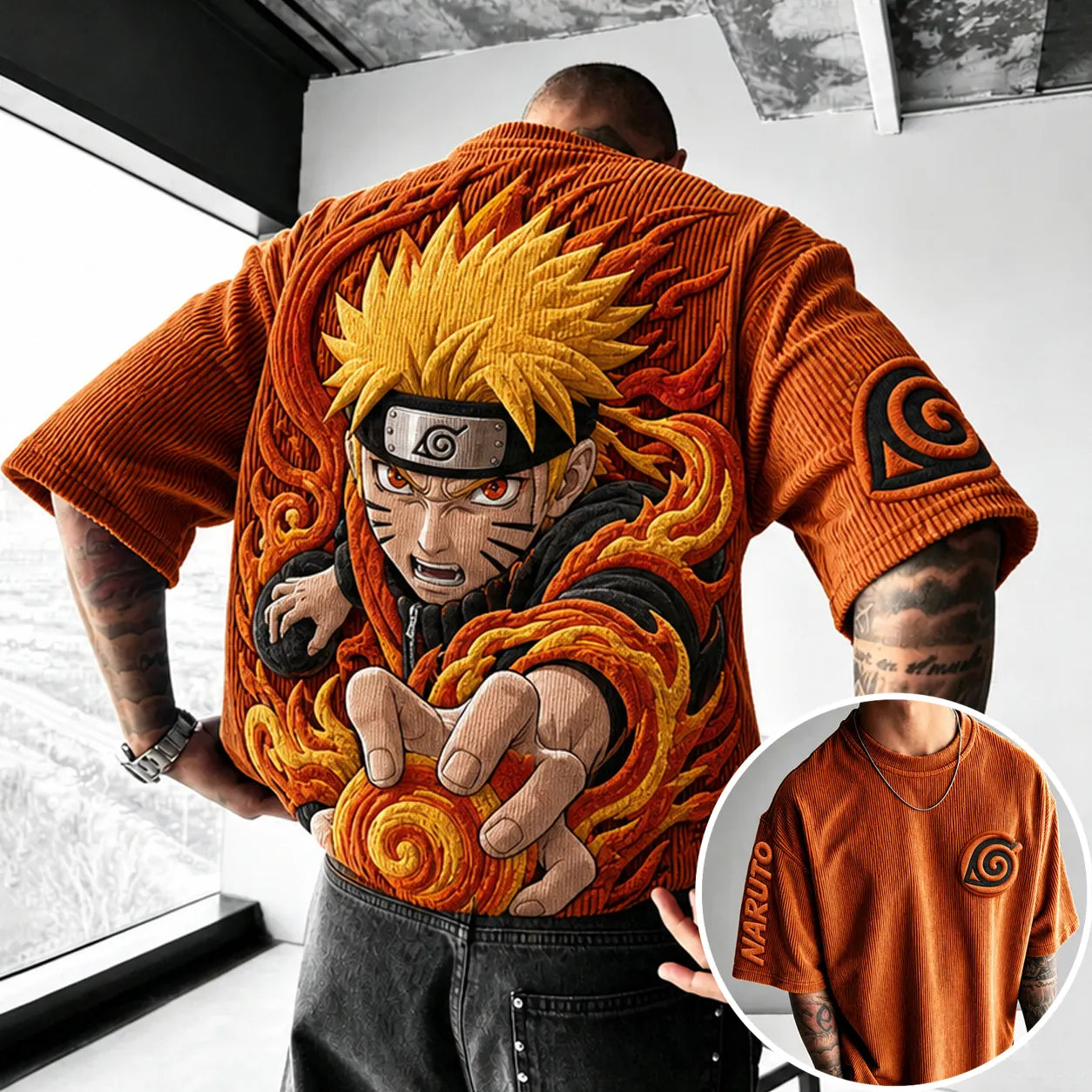 Unisex Anime-Style Retro Corduroy Oversized T-Shirt
