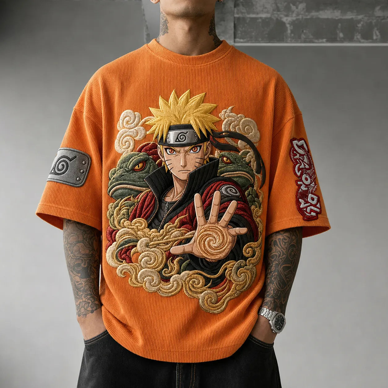 Unisex Oversized Anime-Print Vertical-Stripe Short-Sleeve T-Shirt
