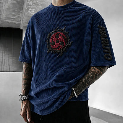 Unisex Anime-Style Retro Corduroy Oversized T-Shirt