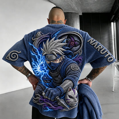 Unisex Anime-Style Retro Corduroy Oversized T-Shirt