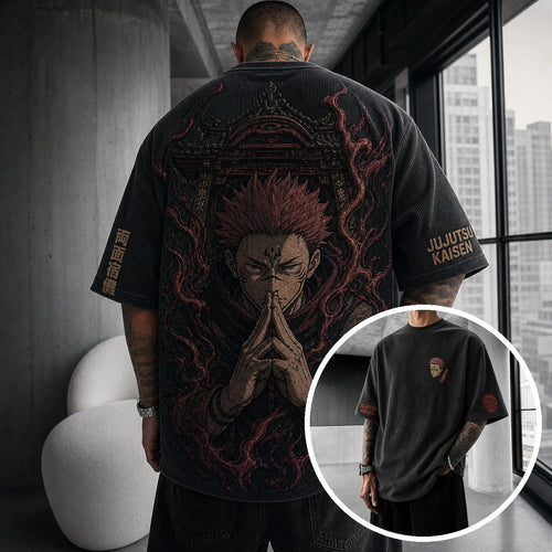 Unisex Anime Print Short-Sleeve Corduroy T-Shirt