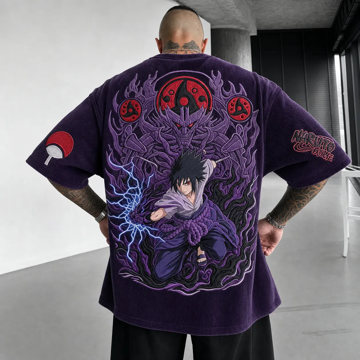 Unisex Oversized Anime-Print Vertical-Stripe Short-Sleeve T-Shirt