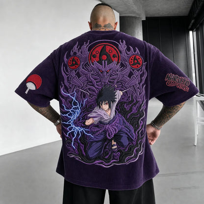 Unisex Oversized Anime-Print Vertical-Stripe Short-Sleeve T-Shirt